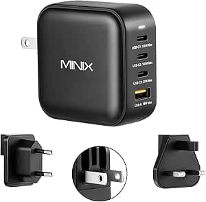 Minix NEO P1 Mini GaN charger charging a laptop and two phones from one socket