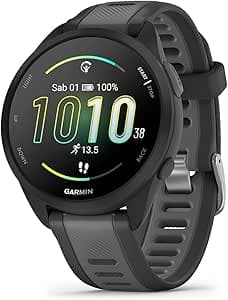 Garmin Forerunner 165 GPS running watch in blue on wrist during run