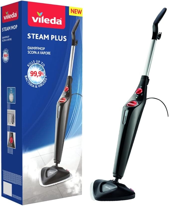 Vileda Steam Mop Plus in black upright position on hard floor