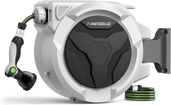 Patoolio retractable garden hose reel wall-mounted with hose extended in garden
