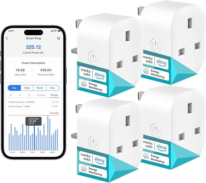 Meross smart plugs installed in UK wall sockets with Alexa device nearby