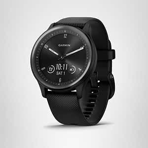 Garmin Vivomove Sport hybrid smartwatch with black analogue face and black strap