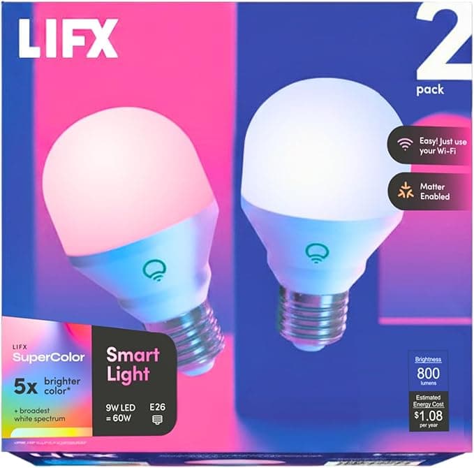 LIFX Color A19 smart LED bulb showing spectrum of colour options