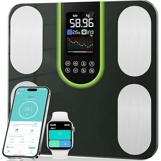 Letron smart body fat scales on bathroom floor showing weight display