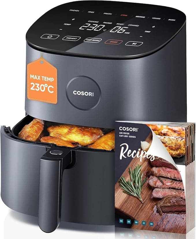 Cosori 4.7L square basket air fryer on kitchen worktop