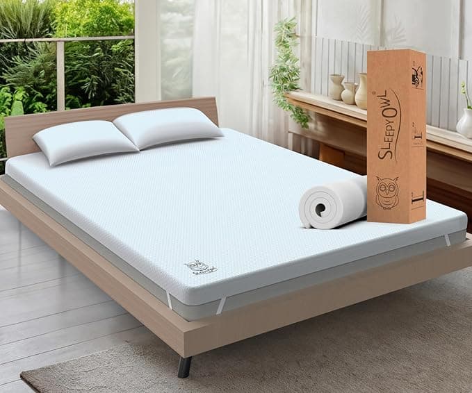 Sleepy Owl 7cm gel memory foam mattress topper on bed frame