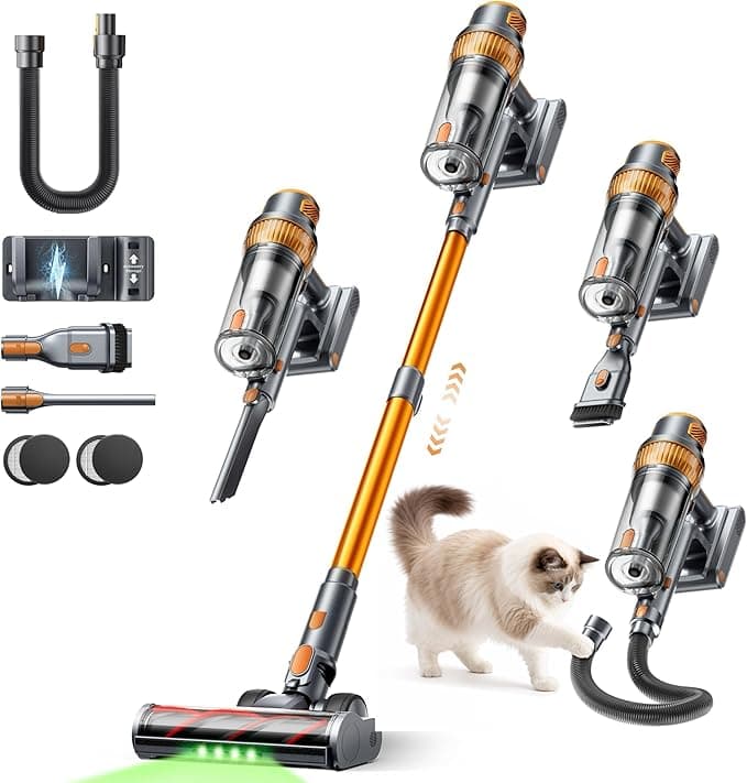 Smoture cordless stick vacuum cleaner on carpet with flexible shaft