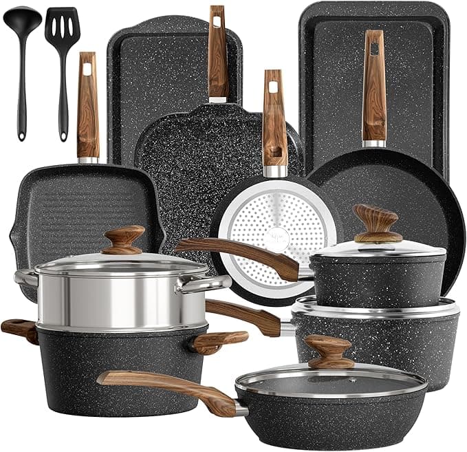 Kitchen Academy 7-piece granite non-stick pan set arranged on kitchen counter
