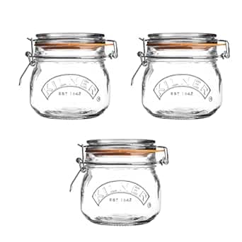 Set of 3 Kilner 500ml round clip top glass jars in orange branded box