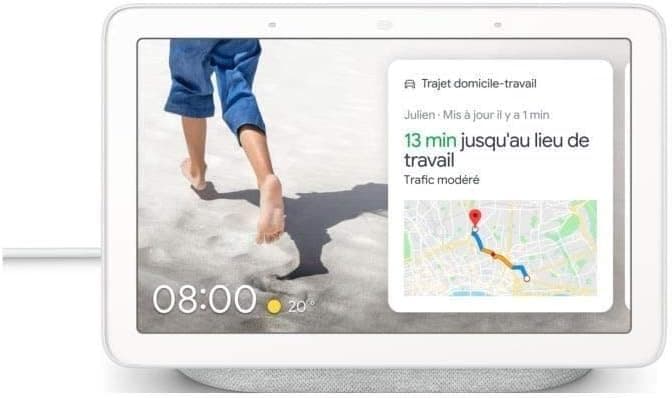 Google Nest Hub smart display in light grey showing home screen