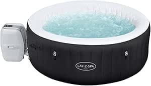 Lay-Z-Spa Miami inflatable hot tub set up on garden decking with two adults