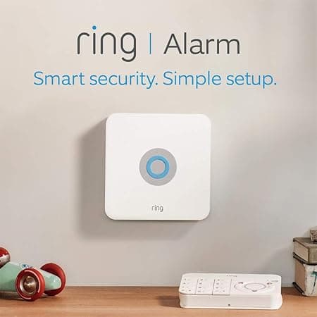 Ring Alarm 5-piece security kit showing base station, keypad, sensors and range extender