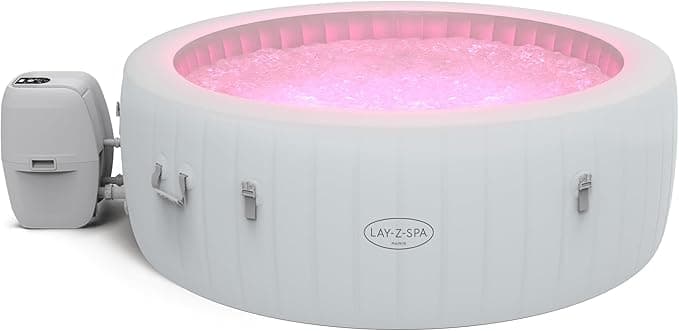 Lay-Z-Spa Paris Luxe inflatable hot tub in grey with cover on garden patio