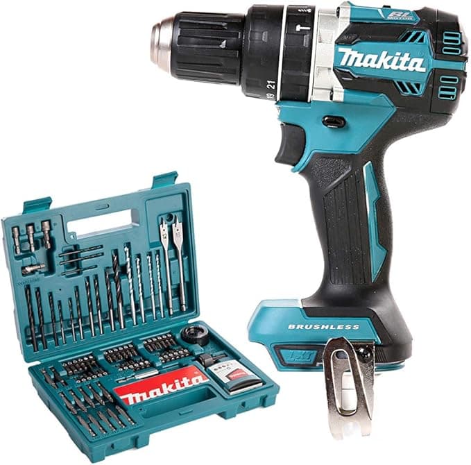 Makita DHP484 18V brushless combi drill with 100-piece bit set
