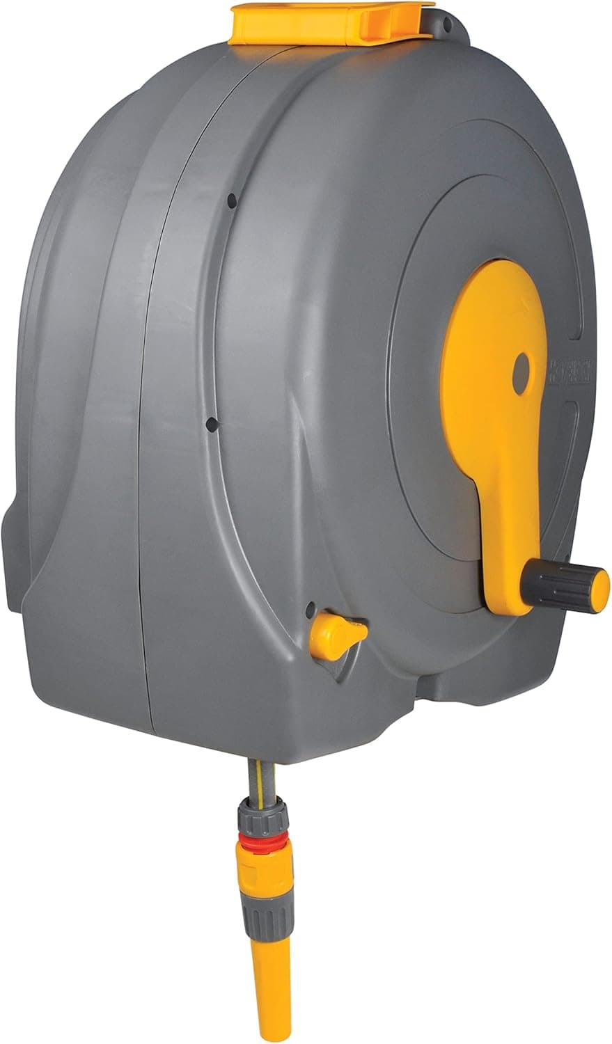 Hozelock wall mounted fast reel extended across a garden