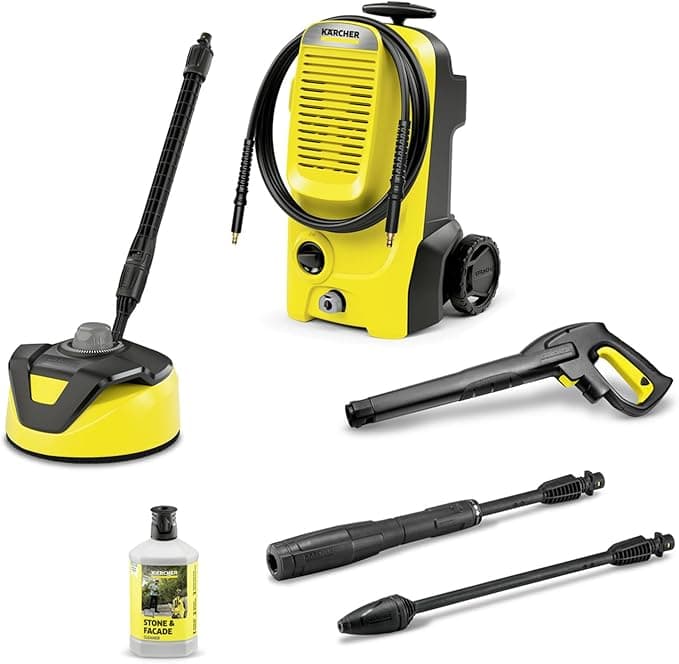 Kärcher K5 Classic Home pressure washer in yellow with surface cleaner attachment