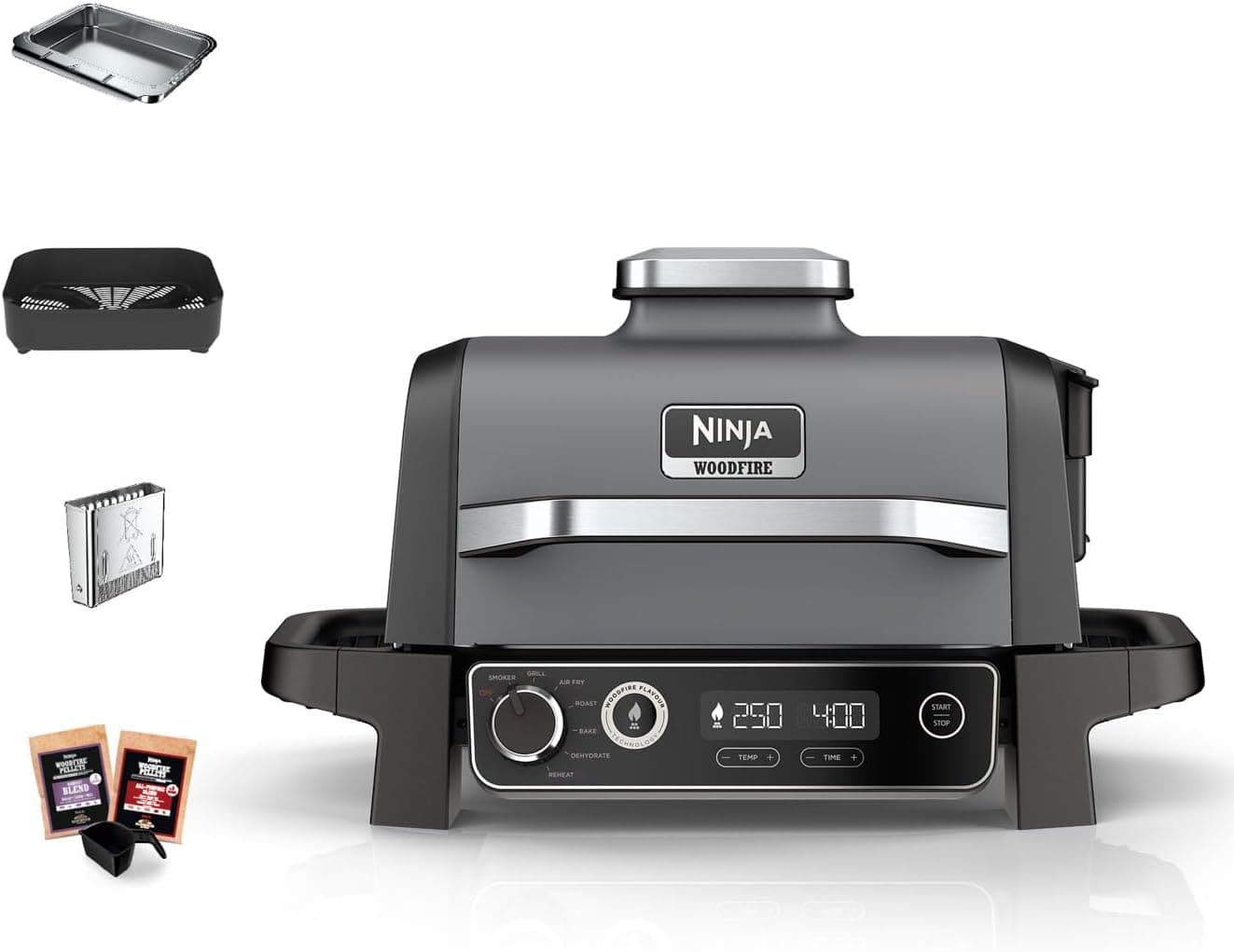 Ninja Woodfire grill smoking fish on a patio