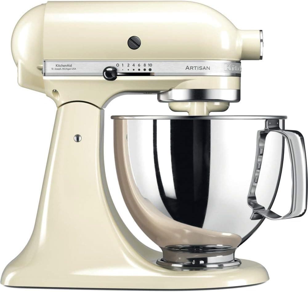 KitchenAid Artisan stand mixer in Almond Cream mixing cake batter