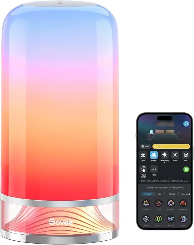Govee RGBICWW bedside touch lamp showing colourful gradient lighting