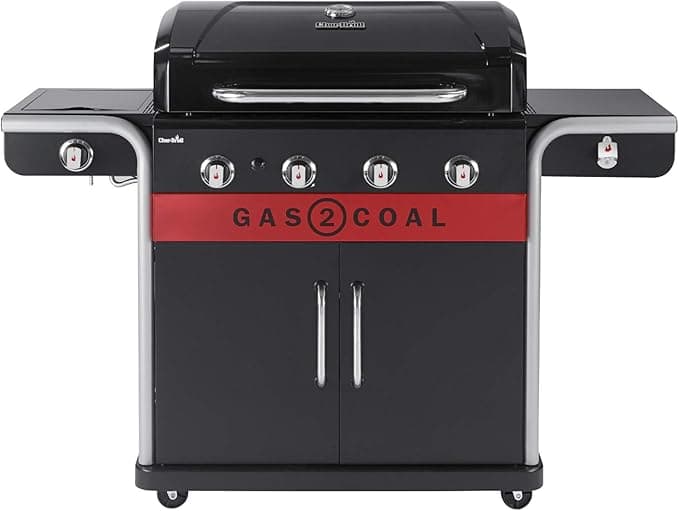 Char-Broil Gas2Coal 440 hybrid BBQ grill on garden patio in gas mode