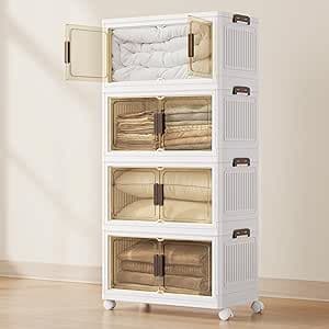 SONGMICS 4-tier stackable storage box organizer in white on wheels