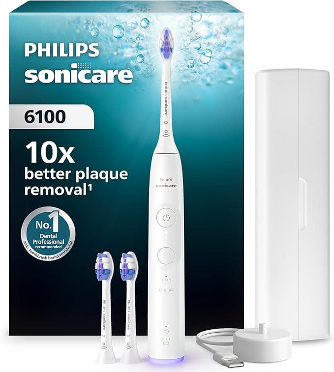 Philips Sonicare 6100 electric toothbrush in white with charging stand