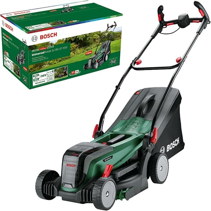 Bosch UniversalRotak 2x18V cordless lawnmower in green on lawn