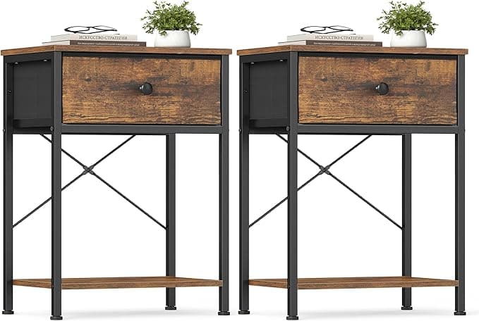 SONGMICS BELLAH bedside table set of 2 in rustic brown with fabric drawer and lower shelf