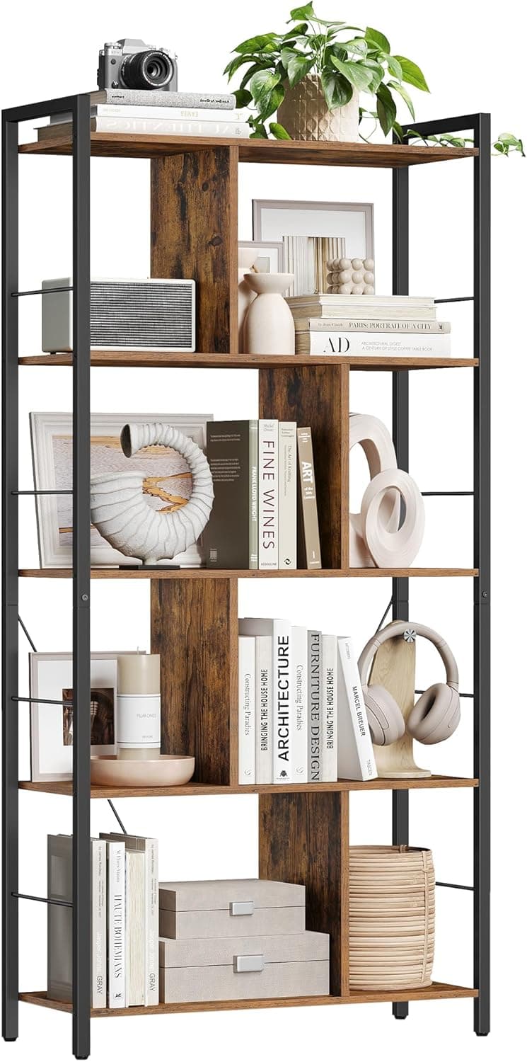 VASAGLE 5-tier bookcase styled with books and plants