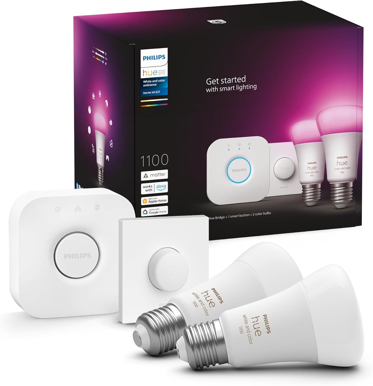 Room lit in warm amber by Philips Hue colour bulbs