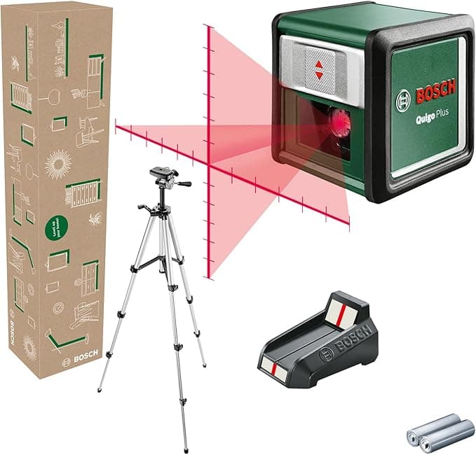 Bosch Quigo Plus cross line laser level with 1.1m tripod in packaging