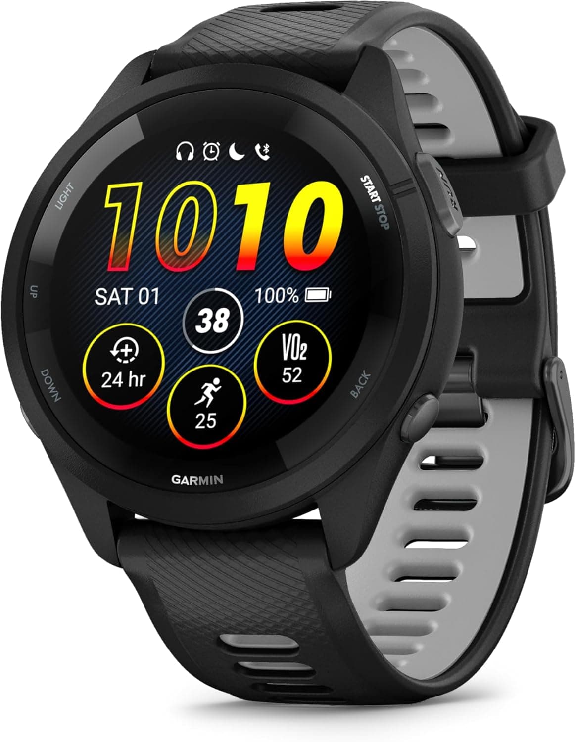 Garmin Forerunner 265 GPS running watch with AMOLED display showing workout metrics