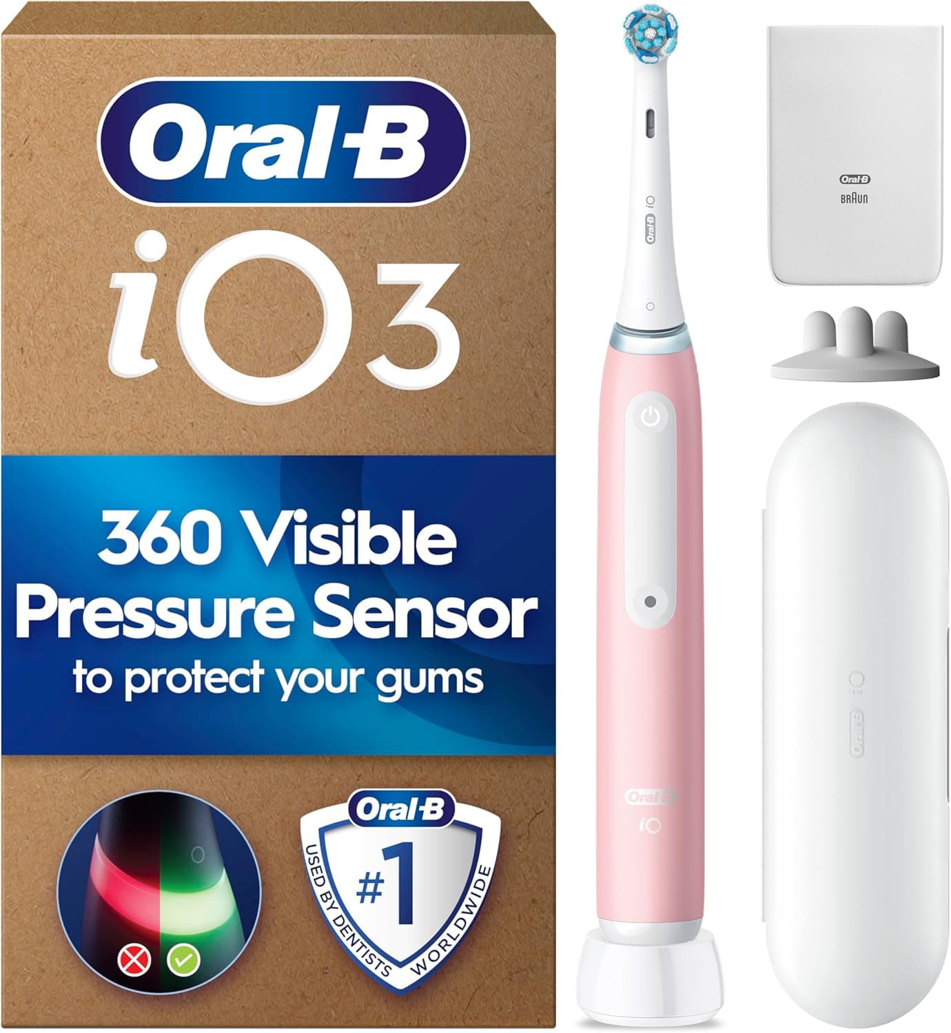 Oral-B iO3 electric toothbrush on a bathroom shelf