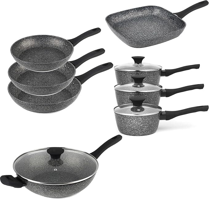 Salter Megastone 8-piece black non-stick pan set on white background